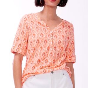 Chico’s Blouse Ikat Henley Elbow Sleeve Button Cuff Slub Lightweight Stretch